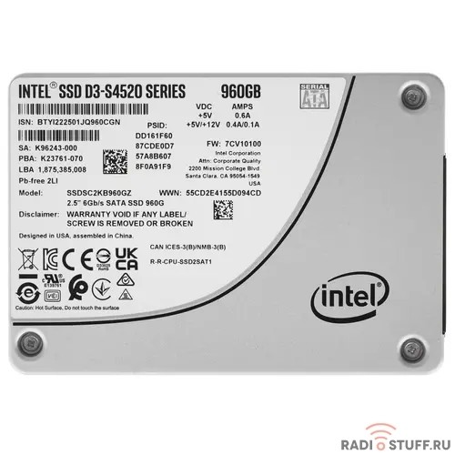 Intel SSD D3-S4520 Series, 960GB, 2.5" 7mm, SATA3, TLC, SSDSC2KB960GZ01