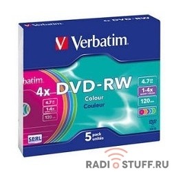 Verbatim  Диск DVD-RW 4x, Colour, Slim, 5шт,(43563)