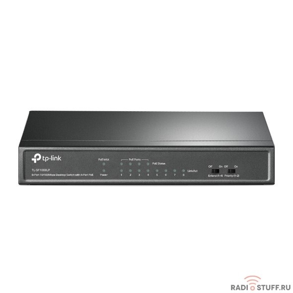 TP-Link TL-SF1008LP 8-портовый 10/100 Мбит/с неуправляемый коммутатор с 4 портами PoE, металлический корпус, настольная установка, бюджет PoE — 41 Вт.
