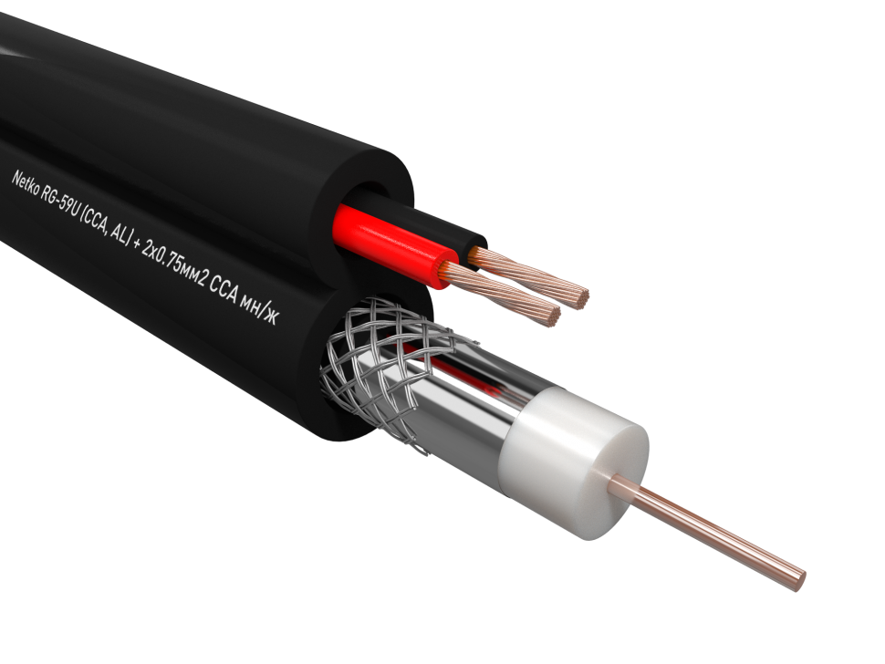 Кабель коаксиальный Netko RG-59U, 75 Ом (CCA, оплетка 32 нити AL) + кабель питания 2x0.75мм2 (CCA, многожильный), аналог КВОС, внешний, черный (100м)